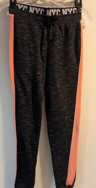 Extremely Me Girls Black Marl NYC Joggers Sweatpants Pink Stripe Size 14/16
